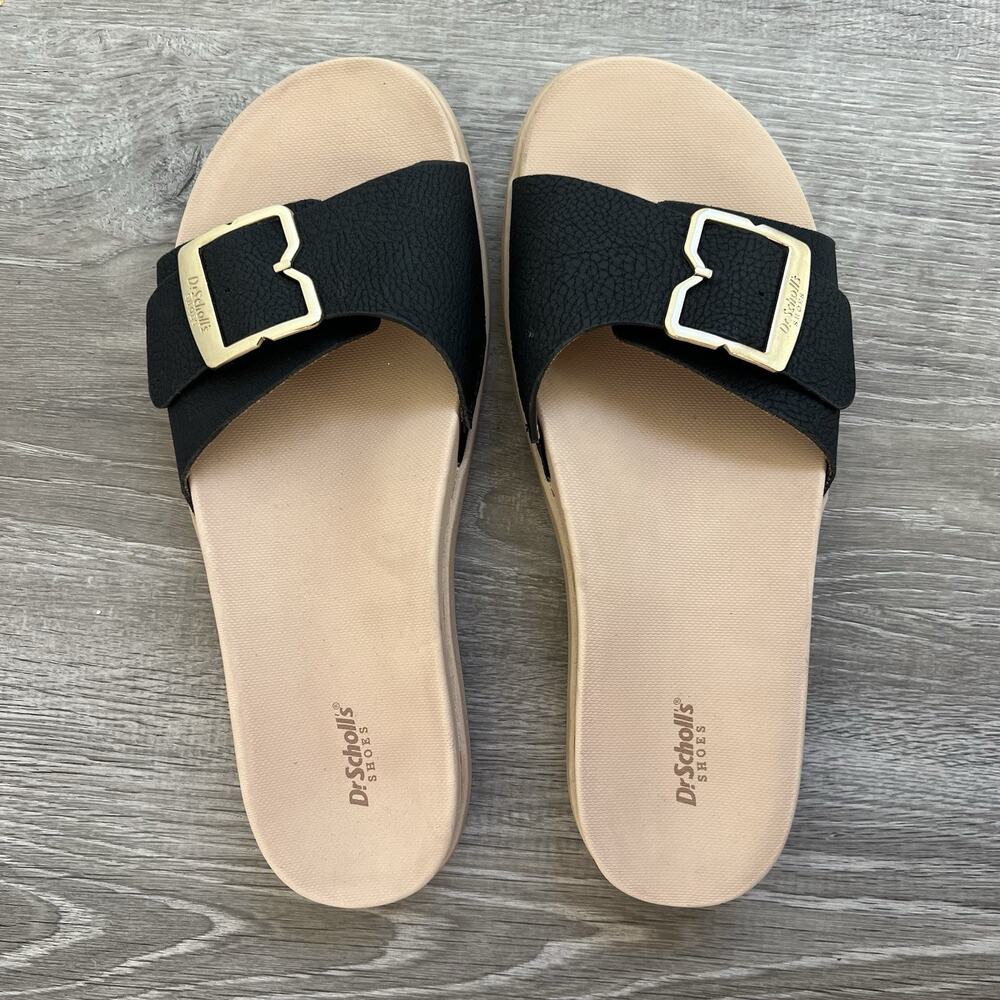 Dr. Scholl's Women's All Right Slide Sandals Sz 9 Black Beige Buckle Comfort